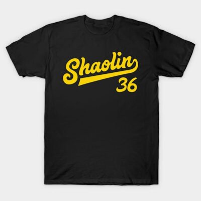 Black cotton t-shirt with yellow "Shaolin 36" text, casual style, perfect for everyday wear.