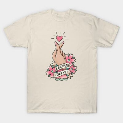 Beige T-shirt with "K-Dramas Forever" graphic, featuring hand heart gesture and pink flowers, casual cotton style.