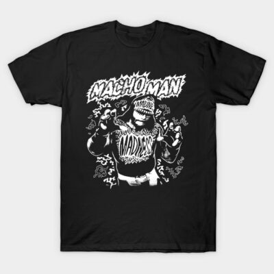 Black graphic tee featuring bold white "Macho Man" design, ideal for casual wear, made from soft cotton material.