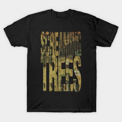 Black graphic tee with "Screaming Trees" text design, casual and comfortable cotton material for everyday wear.