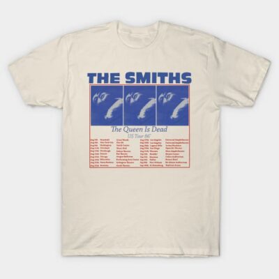 Cream vintage band t-shirt with blue and red tour print, cotton material, casual wear.