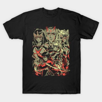 Black graphic t-shirt featuring anime-style characters, cotton material, ideal for casual wear and anime enthusiasts.