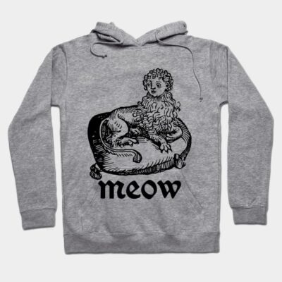 Gray hoodie with vintage-style lion print and "meow" text, casual pullover, cotton blend, unisex fashion.