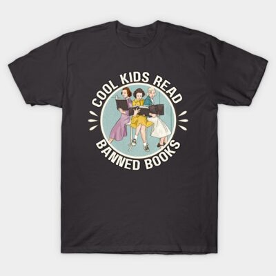 Black t-shirt with retro design, featuring "Cool Kids Read Banned Books" text and vintage-style illustration.