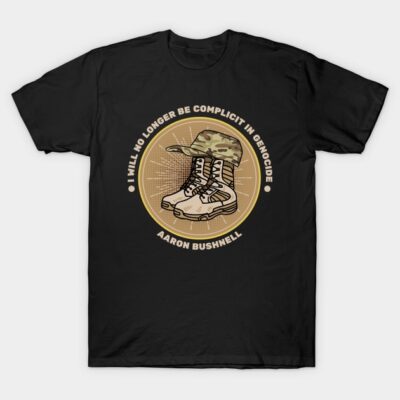 Black t-shirt with military boots and hat graphic, featuring a bold statement design. Casual wear, cotton material.