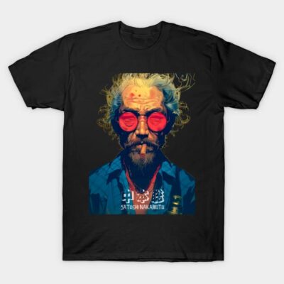 Black graphic t-shirt with vibrant design and text, casual style, comfortable cotton material, ideal for everyday wear.