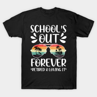 Black T-shirt with "School's Out Forever" text and colorful sunglasses graphic, casual style, cotton material.