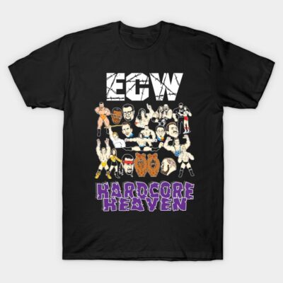 Black ECW Hardcore Heaven t-shirt featuring colorful cartoon wrestlers, perfect for wrestling fans. Cotton material.
