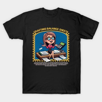 Black graphic t-shirt featuring cartoon accountant design, ideal for casual wear, made from 100% cotton.