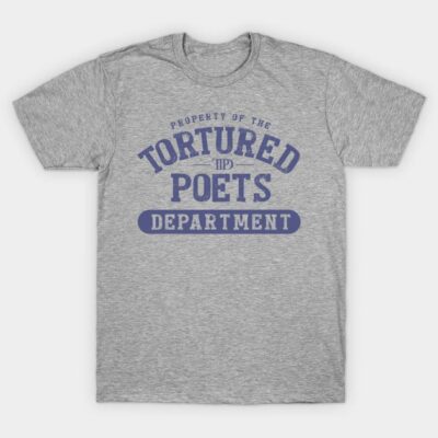 Grey T-shirt with "Tortured Poets Department" in blue text, casual style, cotton material, unisex design.