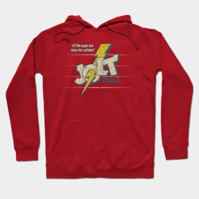 Red vintage-style hoodie with retro soda logo, drawstring hood, front pocket, ideal for casual wear and comfort.