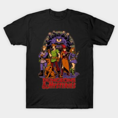 Black graphic T-shirt featuring fantasy adventure characters and monster design, ideal for casual wear or themed events.