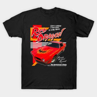 Black "Red Dragon" graphic t-shirt featuring a red sports car design, perfect for casual wear and car enthusiasts.