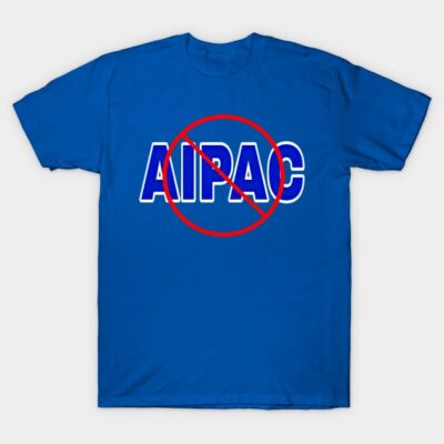 Blue graphic T-shirt with bold, white text and red circle design, casual style, made from 100% cotton.