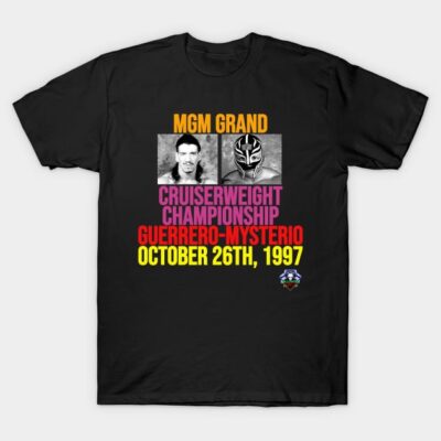 Black graphic t-shirt featuring Cruiserweight Championship design, multicolor text, retro style, cotton material.
