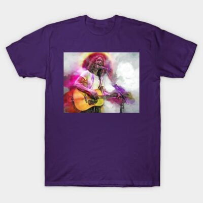Purple t-shirt featuring vibrant guitar player artwork, perfect for music lovers. Casual style, soft cotton fabric.