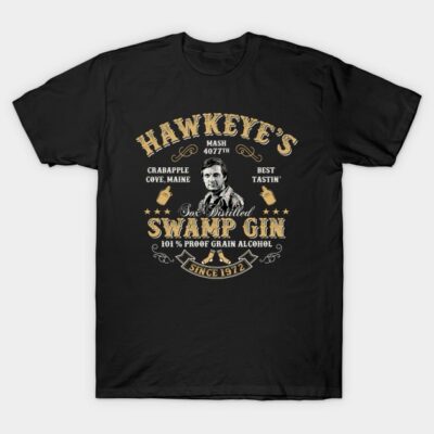 Black graphic t-shirt featuring vintage-style "Swamp Gin" design and text, casual wear, cotton material.