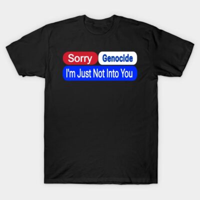 Black T-shirt with bold text design in red, white, and blue, perfect for casual wear and making a statement.