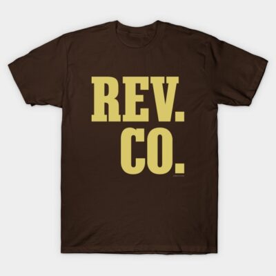Brown t-shirt with bold yellow "REV. CO." text, casual style, 100% cotton, perfect for everyday wear.