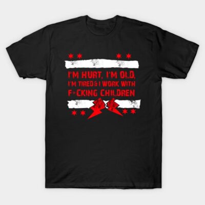 Black graphic t-shirt with humorous text in red and white, casual wear, cotton material, unisex style.