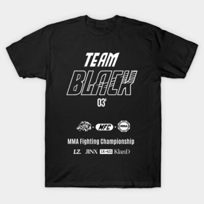 Black MMA Fighting Championship T-shirt, bold white graphic design, casual sportswear, cotton material.