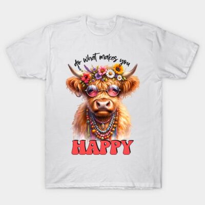 White t-shirt with colorful cow graphic, floral sunglasses, "Do What Makes You Happy" text, casual wear.