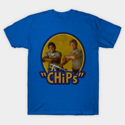 Blue graphic T-shirt featuring retro "CHiPs" design, ideal for casual wear. Cotton material for comfort.