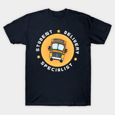 Navy blue t-shirt with "Student Delivery Specialist" graphic and school bus illustration, casual style, cotton fabric.