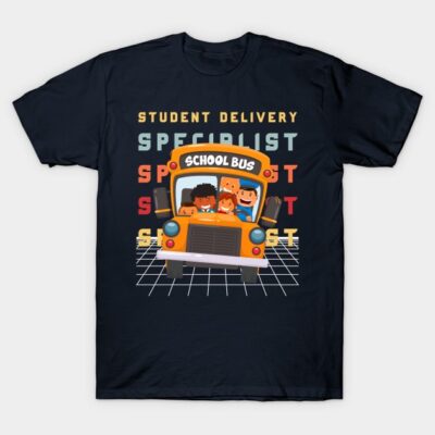 Navy blue t-shirt with school bus graphic and "Student Delivery Specialist" text, casual wear, cotton material.