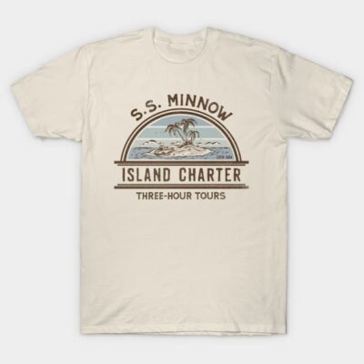 Beige T-shirt with vintage island graphic, "S.S. Minnow" text, casual style, cotton material, perfect for summer wear.