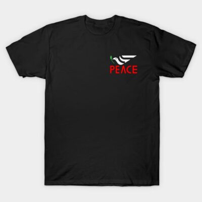 Black T-shirt with peace graphic and dove design, red text. Casual style, comfortable cotton fabric, unisex.