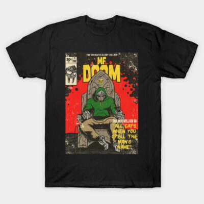 Black t-shirt featuring a vintage comic book design with a masked character on a throne, red and green colors.