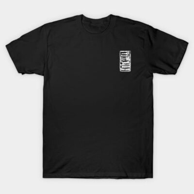 Black cotton T-shirt with a unique white graphic design on the chest, casual style for everyday wear.