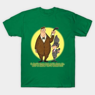 Green cartoon graphic t-shirt, featuring two characters with humorous text, casual cotton fabric for everyday wear.