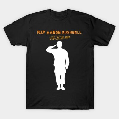 Black t-shirt with white silhouette and orange text, featuring memorial design. Casual wear, cotton material.