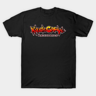 Black T-shirt with "Krush Groove Records" logo in vibrant colors, casual cotton tee for music enthusiasts.