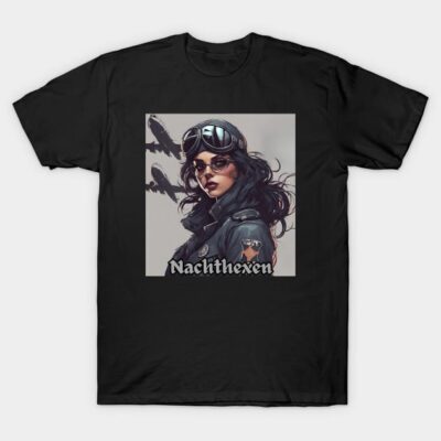 Black t-shirt featuring Nacht Hexen design, vintage aviator style, perfect for casual wear, made from soft cotton material.