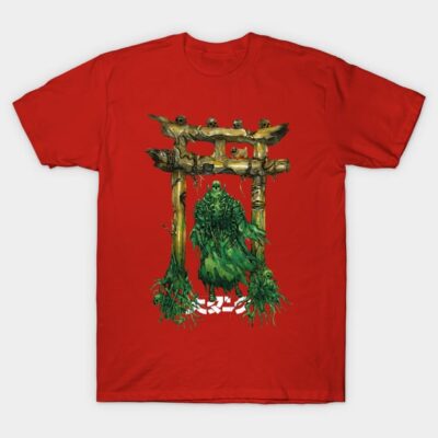 Red graphic t-shirt with green abstract design, short sleeves, cotton material, casual wear for fashion enthusiasts.