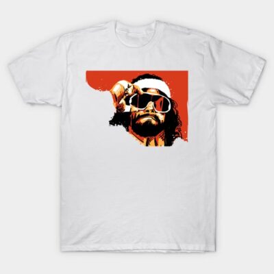 White t-shirt with bold graphic design featuring a bearded figure in sunglasses and a headband. Casual wear.