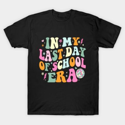 Black t-shirt with colorful "Last Day of School Era" text design, casual style, ideal for school celebrations.