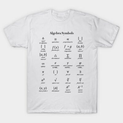 White cotton t-shirt featuring algebra symbols print, ideal for math enthusiasts. Casual fit, comfortable wear.