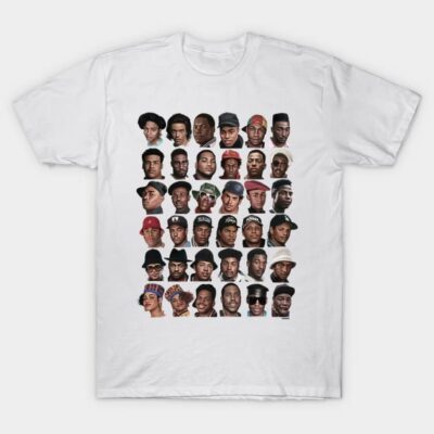 White unisex T-shirt featuring a collage of colorful illustrated faces, casual streetwear style, cotton material.