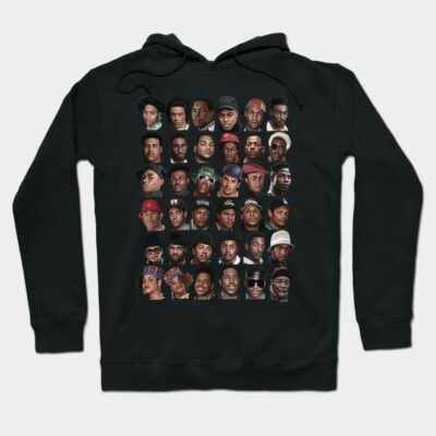 Black hoodie with colorful graphic design, featuring multiple faces, casual style, cotton material, unisex.