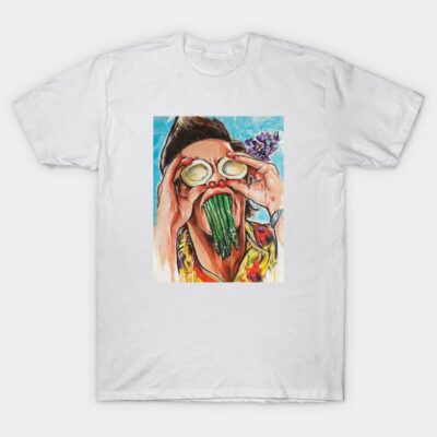 White graphic tee with colorful abstract art design, featuring a whimsical face motif. Cotton material, casual style.