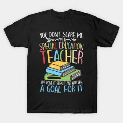 Black t-shirt with colorful text and book graphic, ideal for special education teachers, casual wear, cotton material.