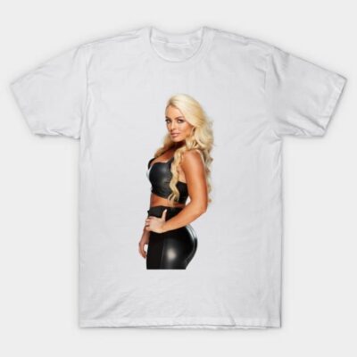 White graphic t-shirt featuring a stylish design with a person in black leather outfit, suitable for casual wear.