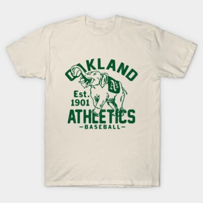 Cream t-shirt with green Oakland Athletics baseball graphic, featuring an elephant, made of soft cotton.