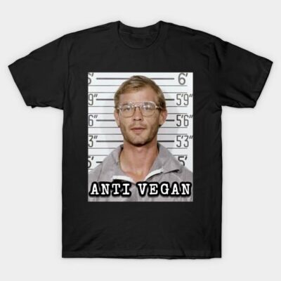 Black novelty t-shirt with humorous "Anti Vegan" text and mugshot graphic, casual wear, cotton material.