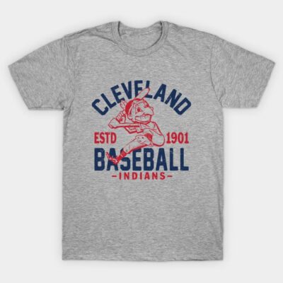 Gray Cleveland baseball graphic t-shirt, vintage style, cotton material, casual wear for sports fans.