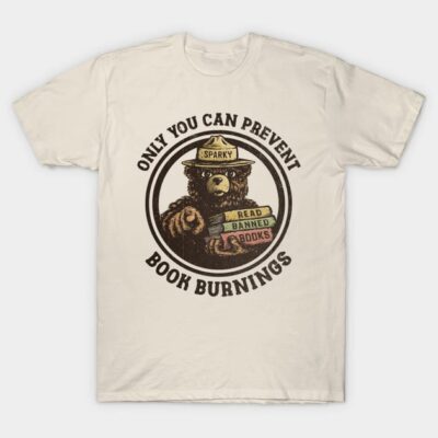 Beige t-shirt with bear and books design, "Prevent Book Burnings" slogan, casual style, cotton material.